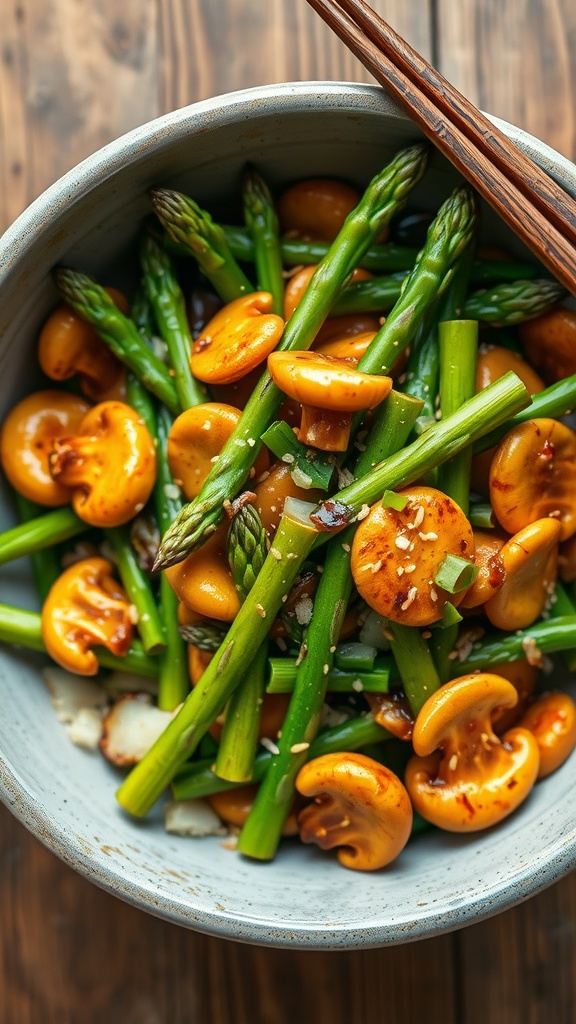 Asparagus and mushroom stir-fry garnished with sesame seeds and scallions in a rustic bowl, served with chopsticks.